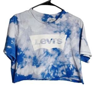 Levi's Tie Dye Raw Edge Short Sleeve Crop Top Blue Size Medium